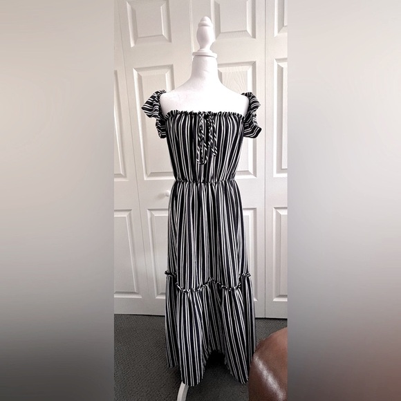 Fashion Nova Black and White Striped off shoulder Dress - Picture 3 of 7